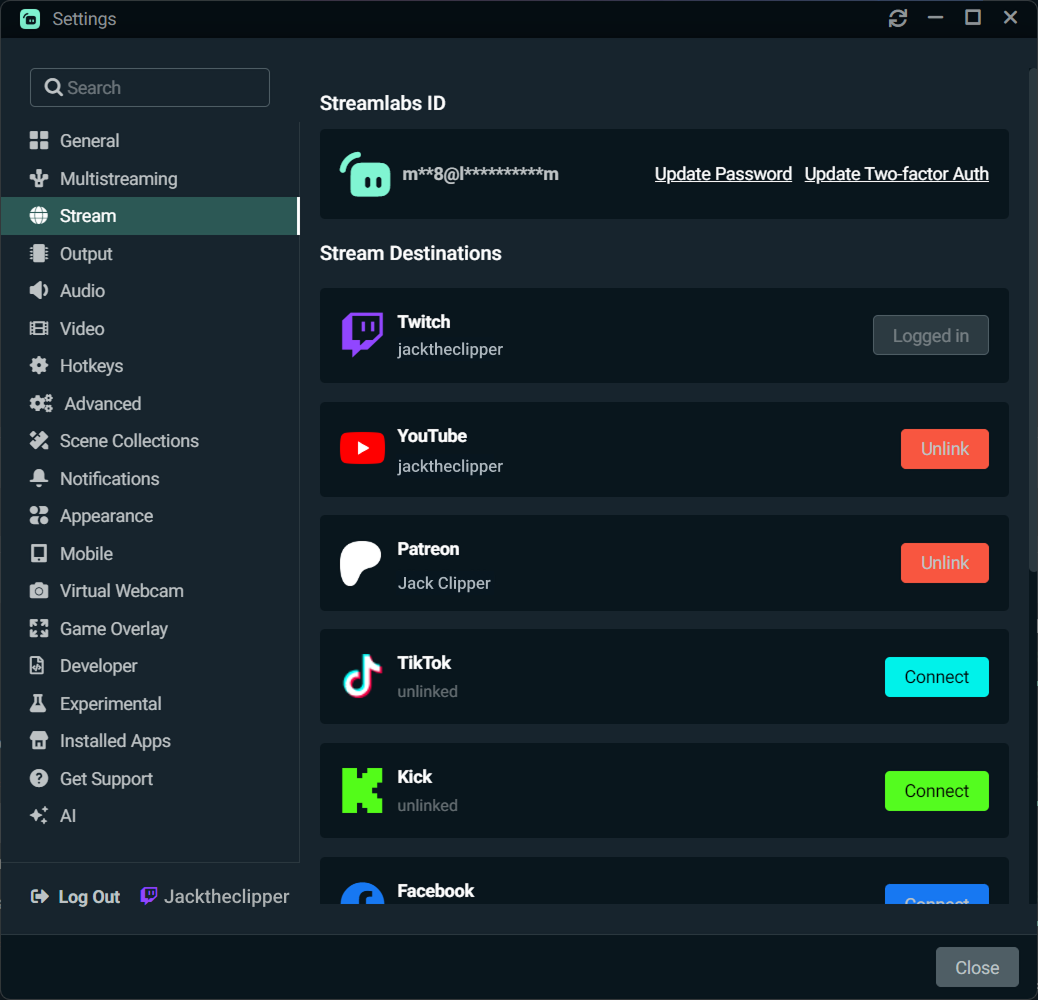 Stream settings in Desktop where you connect platforms